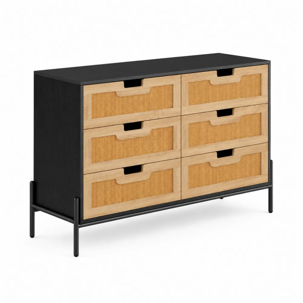 C¨®moda de 6 cajones de madera y rat¨¢n, N