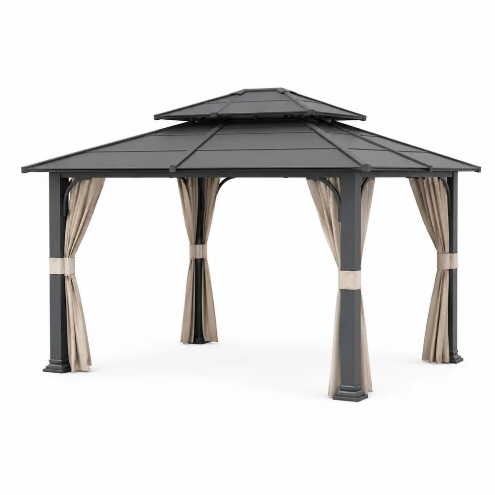 P¨¦rgola de aluminio con techo de acero galvanizado y cortinas de poli¨¦ster 300x400 cm