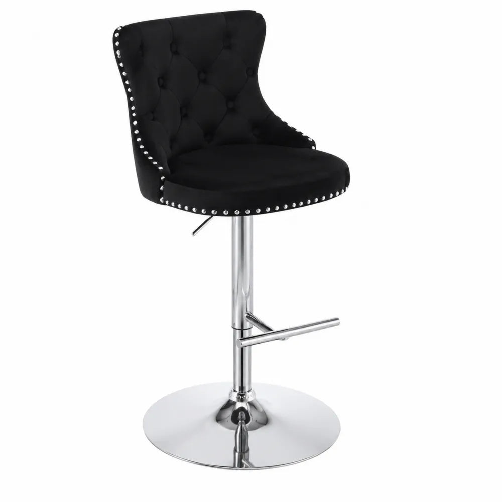 Taburete giratorio negro con terciopelo y base de acero