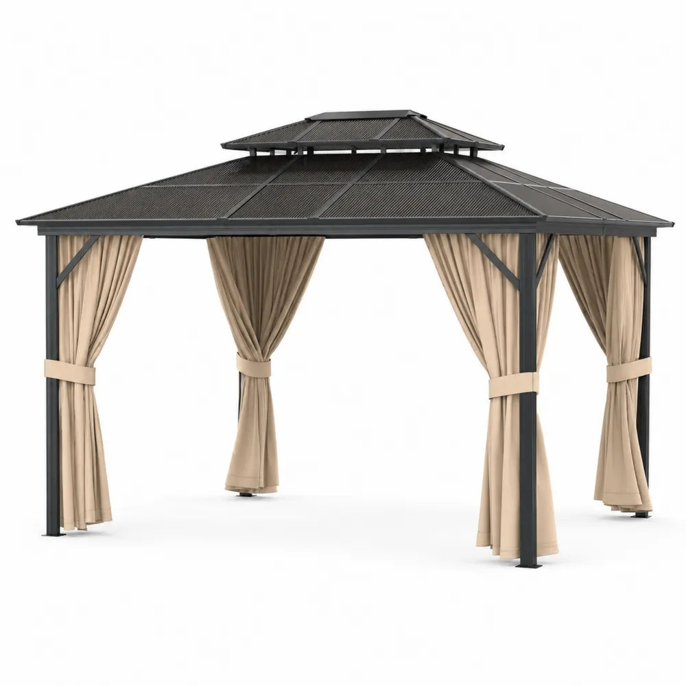 P¨¦rgola de Aluminio Negro con Cortinas de Poli¨¦ster