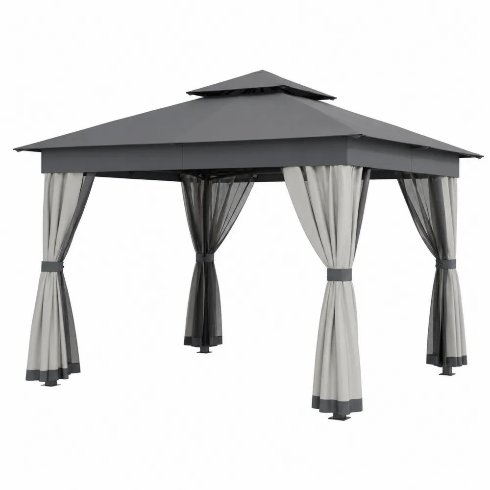 Gazebo de Metal con Cortinas de Poli¨¦ster y Malla 300x