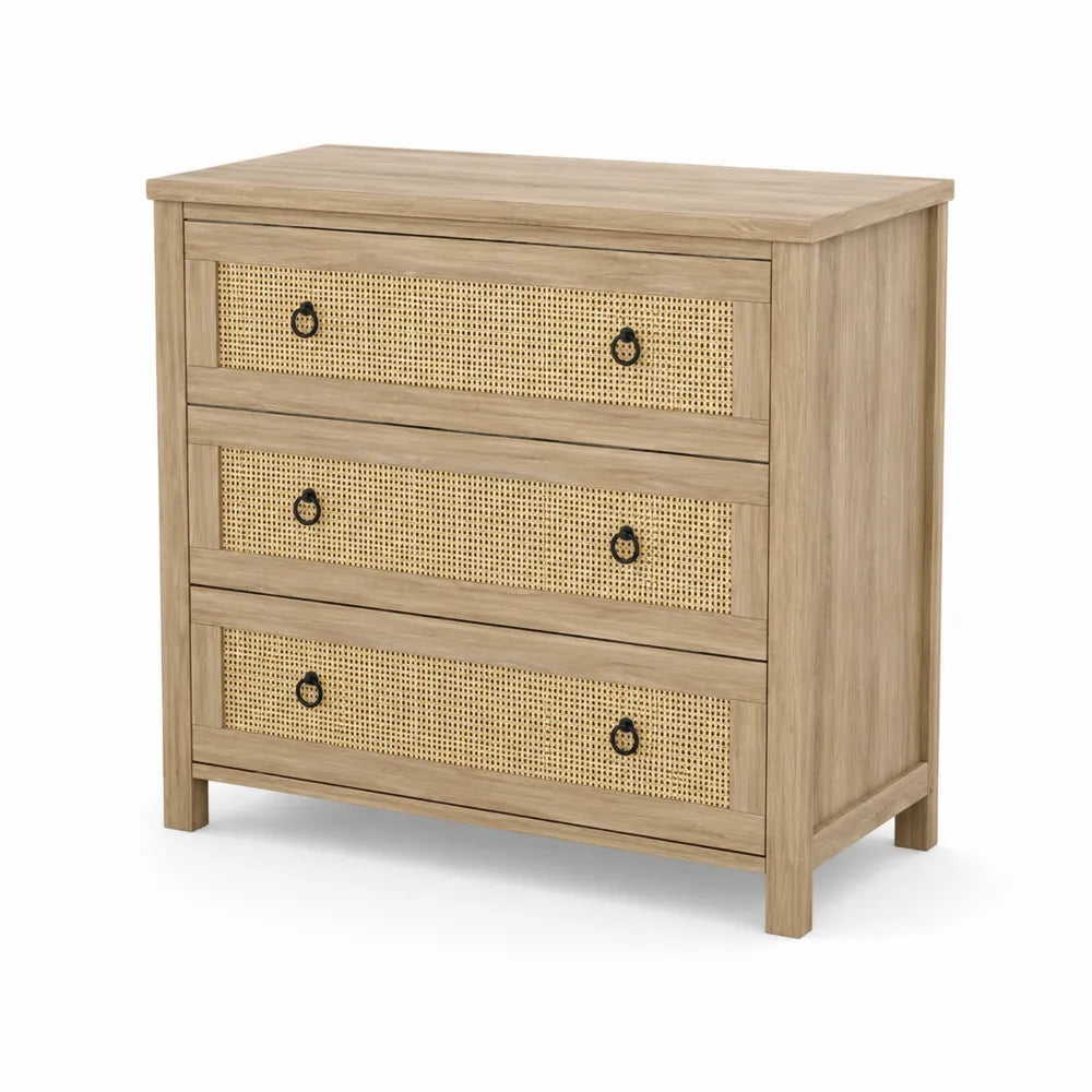 Cajonera de Madera de Pino y Rat¨¢n con 3 Cajones